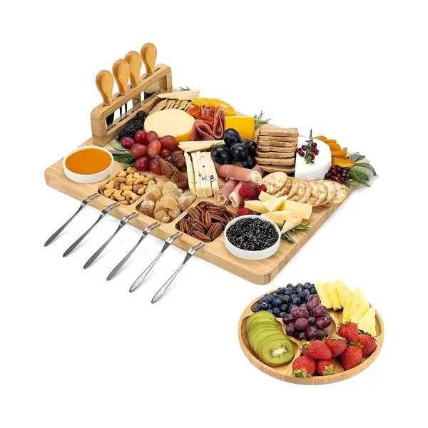 Kicinn Drinks Board Incl. Cheese Knives, Forks, Bowls And Extra Serving Board - Tapas Board Wood - Cheese Board - Serving Board - Bamboo thumbnail