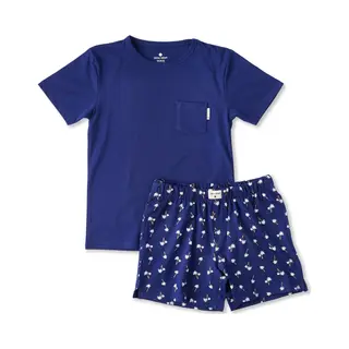 Little Label - Korte Pyjama Jongens - Donkerblauw Palm - 170-176 / 16Y - Extra Zachte Bio-katoen