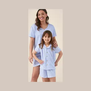 Little Label - Klassieke Zomer Pyjama Meisjes - Luipaard Blauw - 122-128 / 8Y - Extra Zachte Bio-katoen
