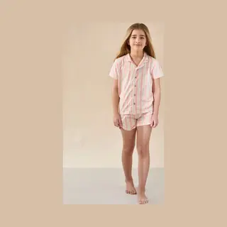 Little Label - Julie Klassieke Zomer Pyjama Meisjes - Roze Streep 146-152 12Y - Maat, 146/152 - Bio-katoen