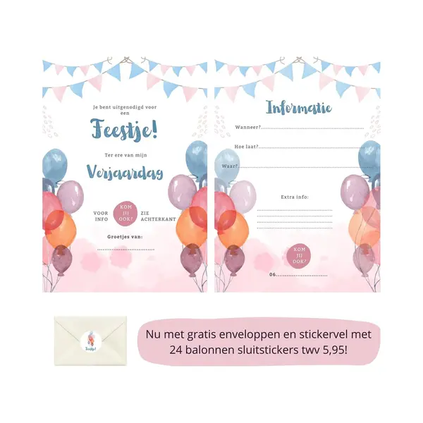 Uitnodiging Kinderfeestje - Kinderfeest - Uitnodigingen - Verjaardag - Inclusief Enveloppen - Eigen Design En Print - Wenskaart - Balonnen - 16 Stuks thumbnail