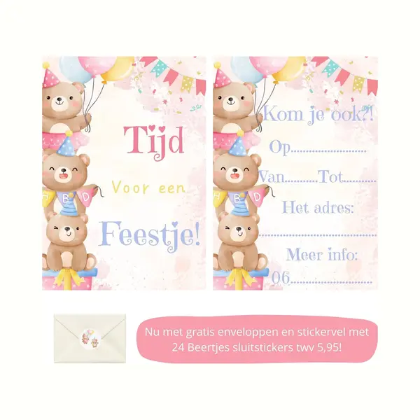 Uitnodiging Kinderfeestje - Kinderfeest - Uitnodigingen - Verjaardag - Inclusief Enveloppen - Eigen Design En Print - Wenskaart - Beertjes - 16 Stuks thumbnail
