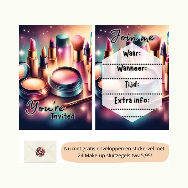 Uitnodiging Kinderfeestje - Kinderfeest - Uitnodigingen - Verjaardag - Inclusief Enveloppen - Eigen Design En Print - Wenskaart - Make Up - 16 Stuks - thumbnail
