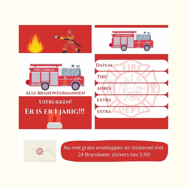 Uitnodiging Kinderfeestje - Kinderfeest - Uitnodigingen - Verjaardag - Inclusief Enveloppen - Eigen Design En Print - Brandweer - Wenskaart - - 16 thumbnail