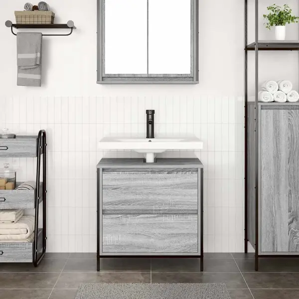 Bathroom Basin Cabinet With Drawers Grey Sonoma 60x34.5x60 Cm Vidaxl thumbnail