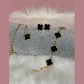 Ehh Beauty -Luxe Sieraden Set - Klaverketting - Klaverarmband-Oorbellen - Zwart- Fashion Accessoires - Klaver 15 Mm -Valentijns Cadeau
