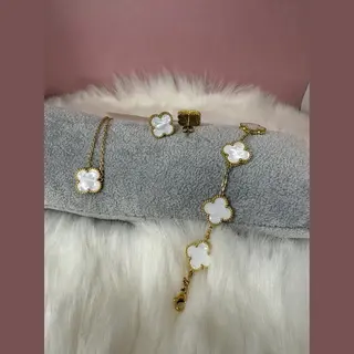 Ehh Beauty - Luxe Klaver Set Wit - Sieraad Vrouw - Clover - Armband - Ketting - Oorbellen - Sieraden Set- Klaver 15 Mm
