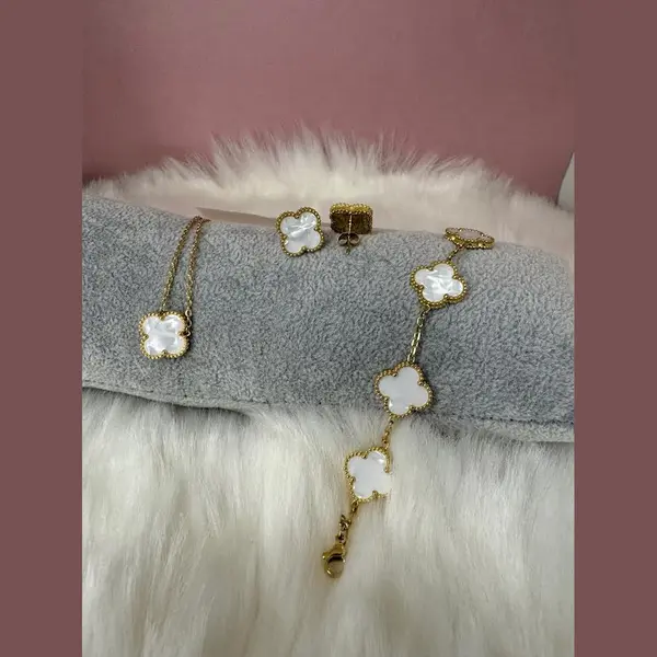Ehh Beauty - Luxe Klaver Set Wit - Sieraad Vrouw - Clover - Armband - Ketting - Oorbellen - Sieraden Set- Klaver 15 Mm thumbnail