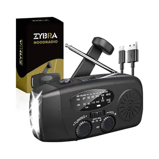 Zybra Draagbare Noodradio - Powerbank 2000 MAh - Zaklamp - Solar Opwindbaar - Sos Alarm - Usb-C Kabel - Noodpakket - Kunststof - Zwart