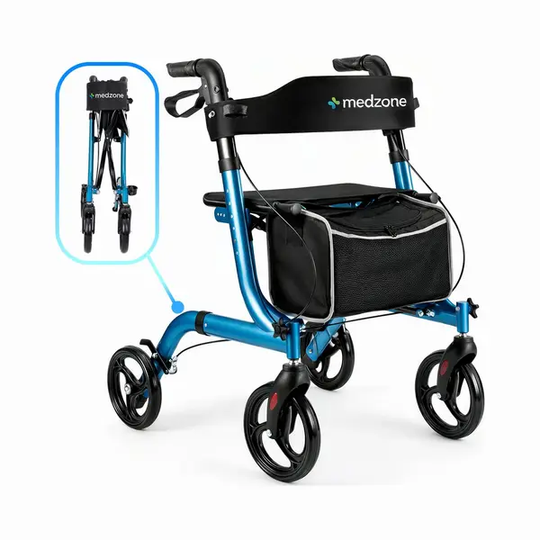 Medzone Rollator Lichtgewicht En Opvouwbaar - Zitfunctie - Binnen En Buiten - Rugleuning En Wandelstok Houder - Blauw thumbnail