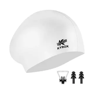 Kyrox Siliconen Badmuts - Unisex - Inclusief Zwem Oordopjes & Neusklem - Badmutsen Voor Dames & Heren - Waterdicht En Elastisch - Swimming Cap - Wit