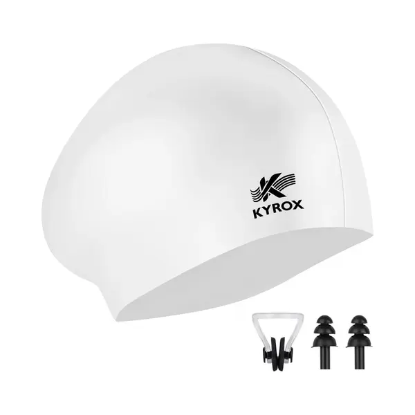 Kyrox Siliconen Badmuts - Unisex - Inclusief Zwem Oordopjes & Neusklem - Badmutsen Voor Dames & Heren - Waterdicht En Elastisch - Swimming Cap - Wit thumbnail