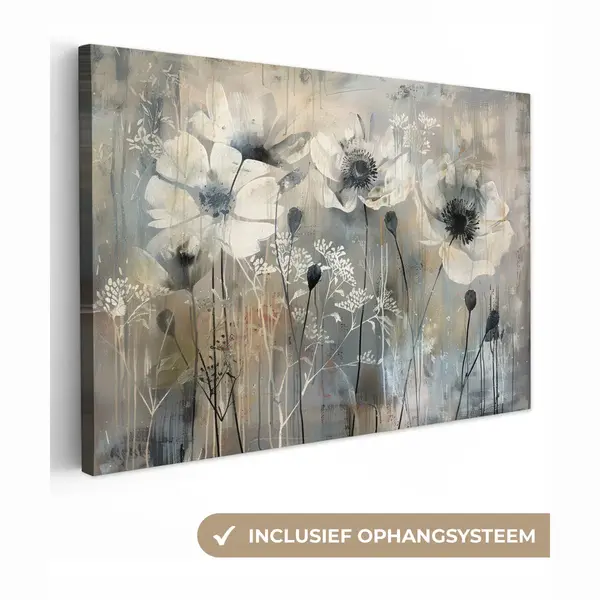 OneMillionCanvasses Canvas Schilderij 120x80 Cm - Wanddecoratie Bloemen - Planten - Grijs - Abstract - Muurdecoratie Woonkamer - Slaapkamer Decoratie - Kamer Accessoires thumbnail