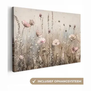OneMillionCanvasses Canvas Schilderij 30x20 Cm - Wanddecoratie Bloemen - Roze - Modern - Beige - Muurdecoratie Woonkamer - Slaapkamer Decoratie - Kamer Accessoires -