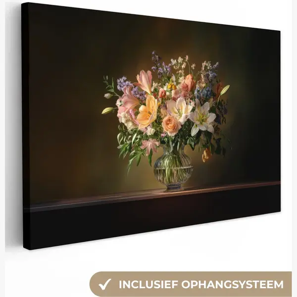 OneMillionCanvasses Canvas Schilderij 120x80 Cm - Exclusieve Wanddecoratie Glazen - Bloemen - Boeket - Kleuren - Muurdecoratie Woonkamer - Slaapkamer Decoratie - Kamer thumbnail