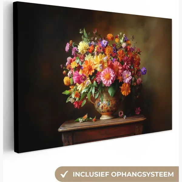 OneMillionCanvasses Canvas Schilderij 60x40 Cm - Exclusieve Wanddecoratie Kleuren - Boeket - Vaas - Hout - Muurdecoratie Woonkamer - Slaapkamer Decoratie - Kamer thumbnail