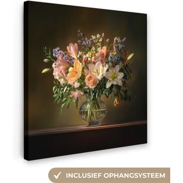 OneMillionCanvasses Canvas Schilderij 20x20 Cm - Exclusieve Wanddecoratie Glazen - Bloemen - Boeket - Kleuren - Muurdecoratie Woonkamer - Slaapkamer Decoratie - Kamer thumbnail