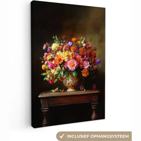 OneMillionCanvasses Canvas Schilderij 40x60 Cm - Exclusieve Wanddecoratie Kleuren - Boeket - Vaas - Hout - Muurdecoratie Woonkamer - Slaapkamer Decoratie - Kamer thumbnail