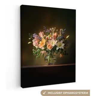OneMillionCanvasses Canvas Schilderij 60x80 Cm - Exclusieve Wanddecoratie Glazen - Bloemen - Boeket - Kleuren - Muurdecoratie Woonkamer - Slaapkamer Decoratie - Kamer