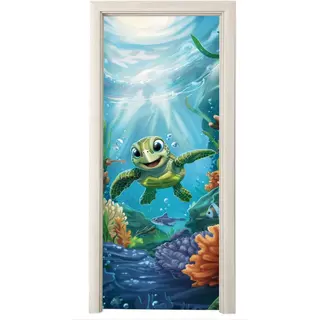StickerSnake Deurposter 80x205 Cm - Deursticker Schildpad - Zeedieren - Onderwater - Zeewier - Meubelfolie Zelfklevend - Deurfolie Kinderkamer - Muurstickers