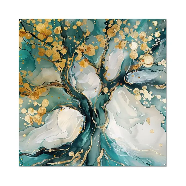GreatGardenPosters Tuinposter 200x200 Cm - Tuindecoratie Boom - Modern - Verflook - Turquoise - Goud - Poster Voor In De Tuin - Buiten Decoratie - Schutting thumbnail