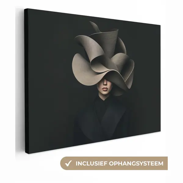 OneMillionCanvasses Canvas Schilderij 40x30 Cm - Exclusieve Wanddecoratie Zwarte - Hoed - Vrouw - Muurdecoratie Woonkamer - Slaapkamer Decoratie - Kamer Accessoires - thumbnail