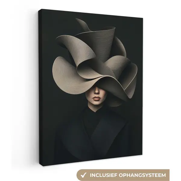 OneMillionCanvasses Canvas Schilderij 120x160 Cm - Exclusieve Wanddecoratie Zwarte - Hoed - Vrouw - Muurdecoratie Woonkamer - Slaapkamer Decoratie - Kamer Accessoires - thumbnail