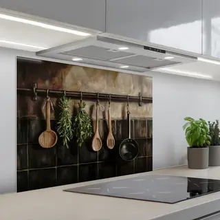 KitchenYeah Spatscherm 80x60 Cm - Zelfklevende Achterwand Keukengerei - Rustiek - Tegels - Kruiden - Keuken Muurbeschermer - Spatwand Fornuis