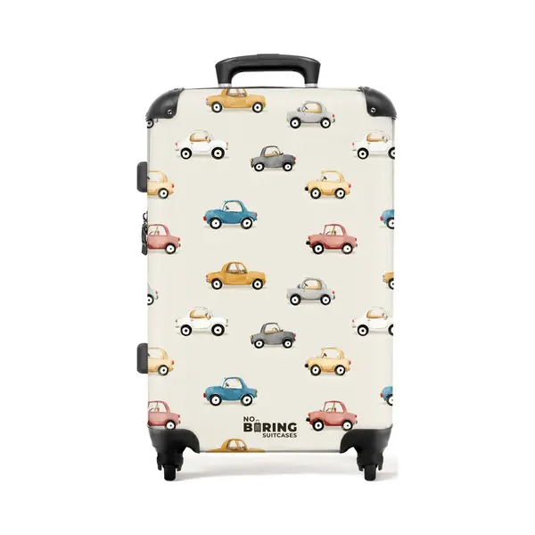 NoBoringSuitcases.com® - Kinderkoffer Jongen - Kindertrolley Jongens - Kleurrijke Retro Autootjes - Koffer Kind Groot - Rolkoffer Lichtgewicht - thumbnail
