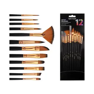 Vatesi Penselenset 12 Stuks - Kwasten Voor Acrylverf, Aquarel, Olieverf, Acrylverf, Waterverf, Schmink - Geschikt Voor Schilderen, Modelbouw En Gouache