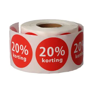 20% Korting Stickers 35 Mm - 500 Stuks Op Rol - Kortingsstickers Afprijs Promotie Sticker - Dappaz
