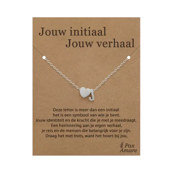 Letter J Ketting Op Cadeau Kaartje - Jouw Initiaal, Jouw Verhaal - 45cm Zilverkleurig Stainless Steel - Initiaal & Hartje Hanger - Pax Amare thumbnail