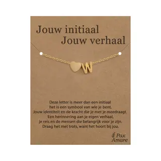 Pax Amare Letter W Armband Op Cadeau Kaartje - Jouw Initiaal, Jouw Verhaal - 15, 5cm + 5, 5cm Verstelbaar Goudkleurig Stainless Steel - Initiaal & Hartje Hanger