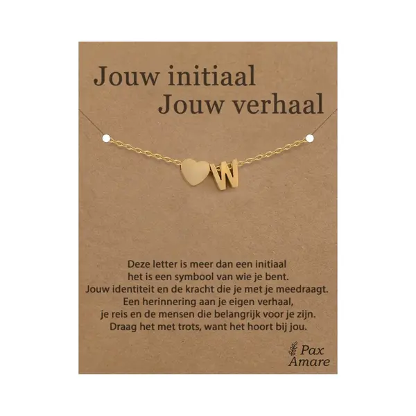 Pax Amare Letter W Armband Op Cadeau Kaartje - Jouw Initiaal, Jouw Verhaal - 15, 5cm + 5, 5cm Verstelbaar Goudkleurig Stainless Steel - Initiaal & Hartje Hanger thumbnail