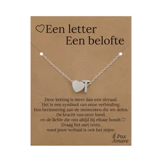 Letter T Ketting Op Cadeau Kaartje - Een Letter, Een Belofte - 45cm Zilverkleurig Stainless Steel - Initiaal & Hartje Hanger - Pax Amare