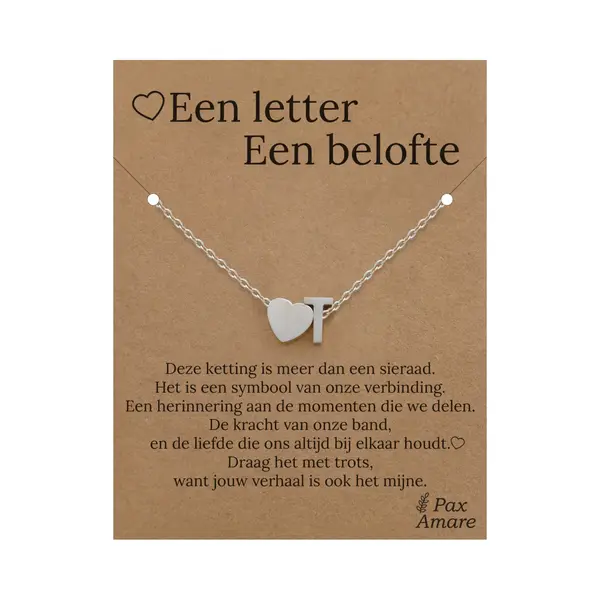 Letter T Ketting Op Cadeau Kaartje - Een Letter, Een Belofte - 45cm Zilverkleurig Stainless Steel - Initiaal & Hartje Hanger - Pax Amare thumbnail
