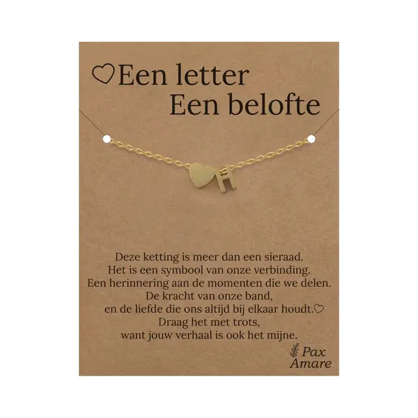 Pax Amare Letter H Armband Op Cadeau Kaartje - Een Letter, Een Belofte - 15, 5cm + 5, 5cm Verstelbaar Goudkleurig Stainless Steel - Initiaal & Hartje Hanger - thumbnail
