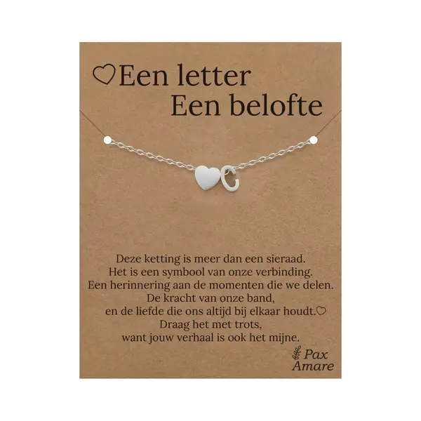 Pax Amare Letter C Armband Op Cadeau Kaartje - Een Letter, Een Belofte - 15, 5cm + 5, 5cm Verstelbaar Zilverkleurig Stainless Steel - Initiaal & Hartje Hanger - thumbnail