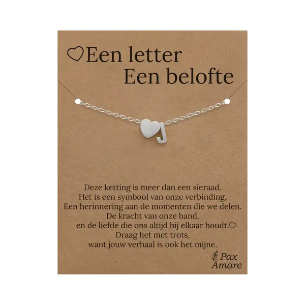 Pax Amare Letter J Armband Op Cadeau Kaartje - Een Letter, Een Belofte - 15, 5cm + 5, 5cm Verstelbaar Zilverkleurig Stainless Steel - Initiaal & Hartje Hanger - thumbnail