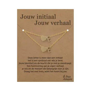 Letter E Ketting + Armband Set Op Cadeau Kaartje - Jouw Initiaal, Jouw Verhaal - Goudkleurig Stainless Steel - Initiaal & Hartje Hanger - Pax Amare