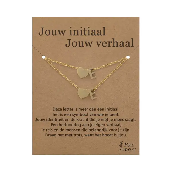 Letter E Ketting + Armband Set Op Cadeau Kaartje - Jouw Initiaal, Jouw Verhaal - Goudkleurig Stainless Steel - Initiaal & Hartje Hanger - Pax Amare thumbnail