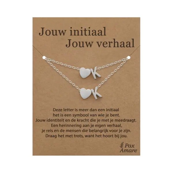 Letter K Ketting + Armband Set Op Cadeau Kaartje - Jouw Initiaal, Jouw Verhaal - Zilverkleurig Stainless Steel - Initiaal & Hartje Hanger - Pax Amare thumbnail