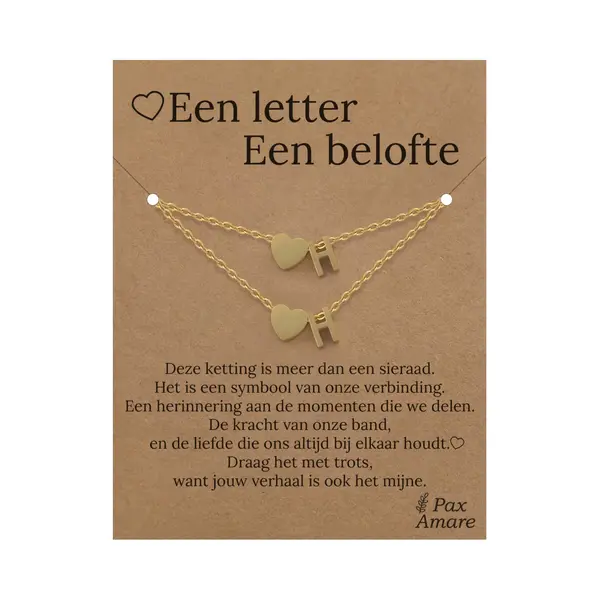 Letter H Ketting + Armband Set Op Cadeau Kaartje - Een Letter, Een Belofte - Goudkleurig Stainless Steel - Initiaal & Hartje Hanger - Pax Amare thumbnail