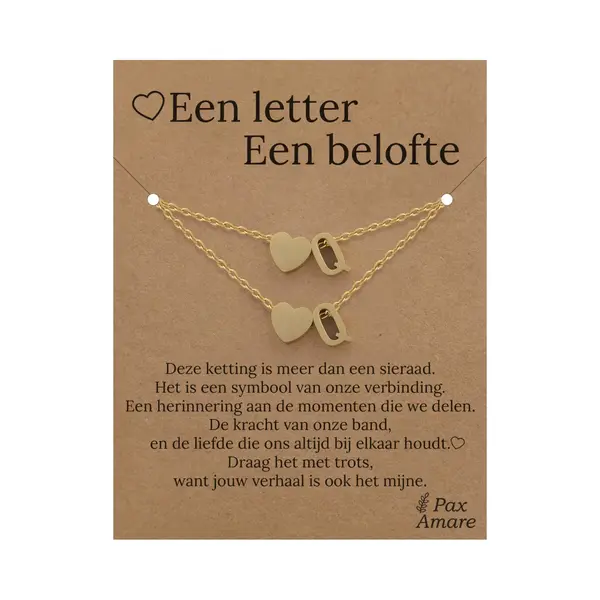 Letter Q Ketting + Armband Set Op Cadeau Kaartje - Een Letter, Een Belofte - Goudkleurig Stainless Steel - Initiaal & Hartje Hanger - Pax Amare thumbnail