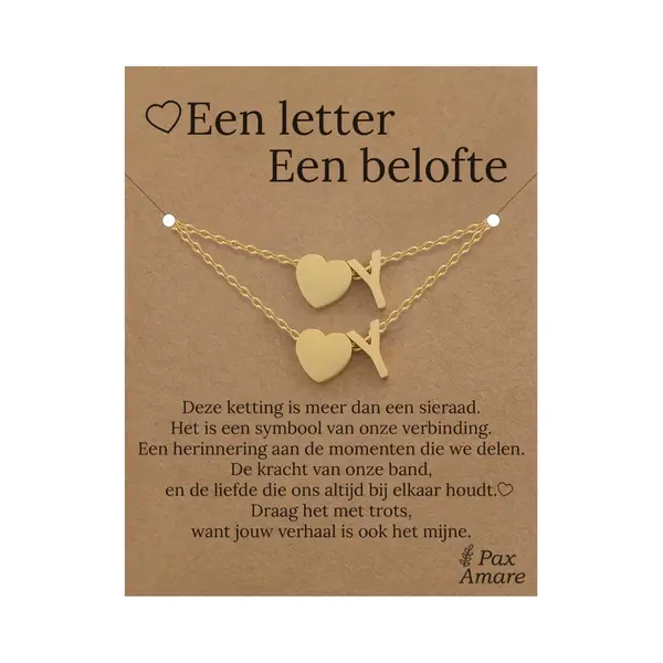 Letter Y Ketting + Armband Set Op Cadeau Kaartje - Een Letter, Een Belofte - Goudkleurig Stainless Steel - Initiaal & Hartje Hanger - Pax Amare thumbnail