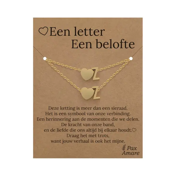 Letter Z Ketting + Armband Set Op Cadeau Kaartje - Een Letter, Een Belofte - Goudkleurig Stainless Steel - Initiaal & Hartje Hanger - Pax Amare thumbnail
