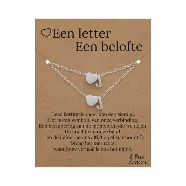 Letter J Ketting + Armband Set Op Cadeau Kaartje - Een Letter, Een Belofte - Zilverkleurig Stainless Steel - Initiaal & Hartje Hanger - Pax Amare thumbnail