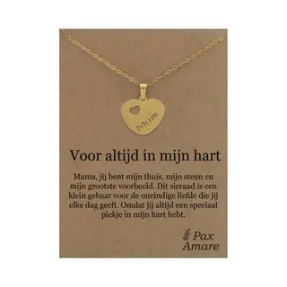 Stainless Steel Hartje Met "Mom" Ketting Op Cadeau Kaartje - Voor Altijd In Mijn Hart - 45cm Goudkleurig Roestvrij Staal - Pax Amare