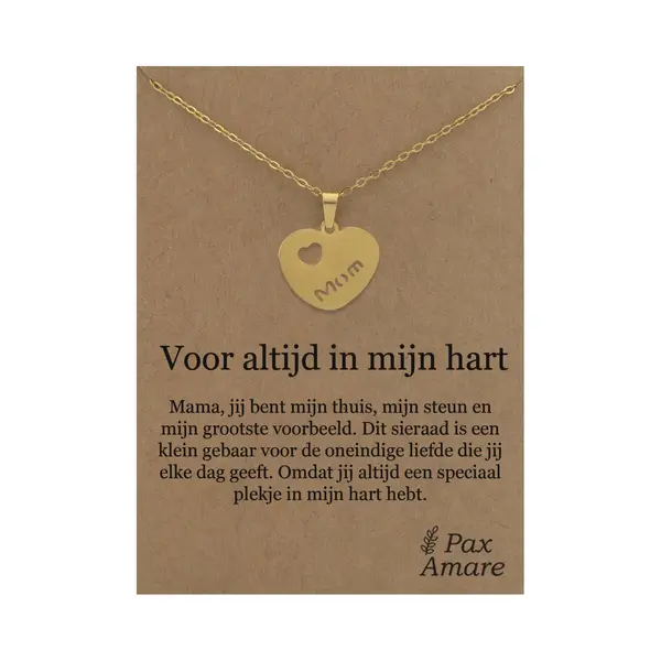Stainless Steel Hartje Met "Mom" Ketting Op Cadeau Kaartje - Voor Altijd In Mijn Hart - 45cm Goudkleurig Roestvrij Staal - Pax Amare thumbnail