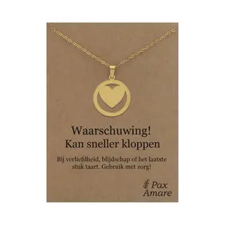 Stainless Steel Hartje Ketting Op Cadeau Kaartje - Waarschuwing! Kan Sneller Kloppen - 45cm Goudkleurig Roestvrij Staal - Pax Amare